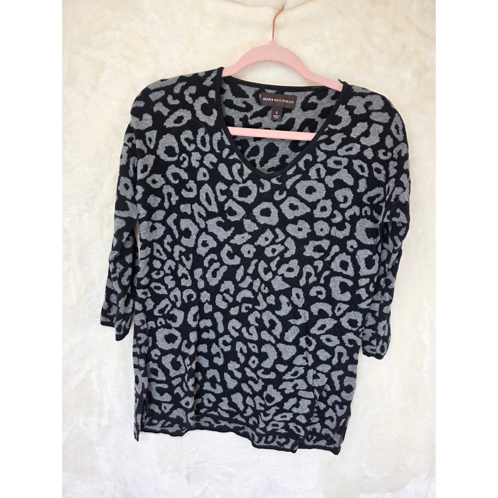 Dana Buchman Womens Grey Black Animal Print V-Neck Cotton Sweater Size S